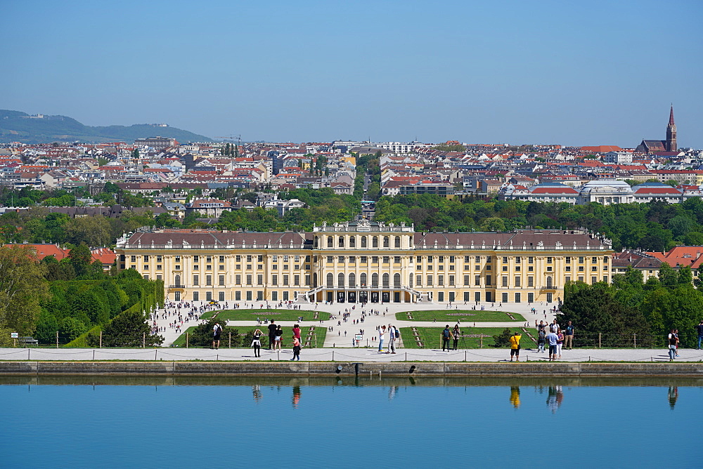 Panorama of Schonbrunn from the Gloriette, UNESCO World Heritage Site, with Vienna in background, Vienna, Austria, Europe