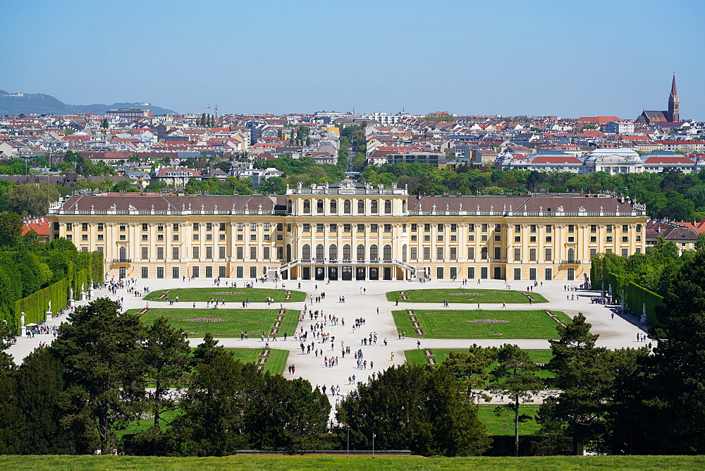 Panorama of Schonbrunn from the Gloriette, UNESCO World Heritage Site, with Vienna in background, Vienna, Austria, Europe