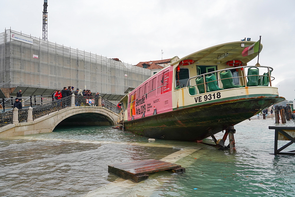 Stranded public boat during the high tide in Venice, November 2019, Venice, UNESCO World Heritage Site, Veneto, Italy, Europe