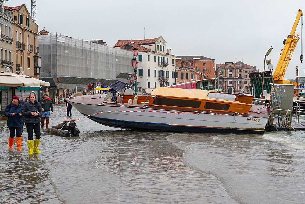 Stranded taxi boat during the high tide in Venice, November 2019, Venice, UNESCO World Heritage Site, Veneto, Italy, Europe