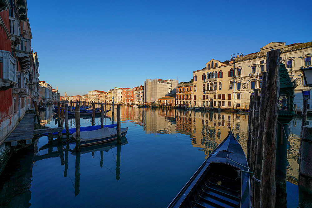 Reflections of the buildings in the calm water of the Grand Canal during Coronavirus lockdown, Venice, UNESCO World Heritage Site, Veneto, Italy, Europe