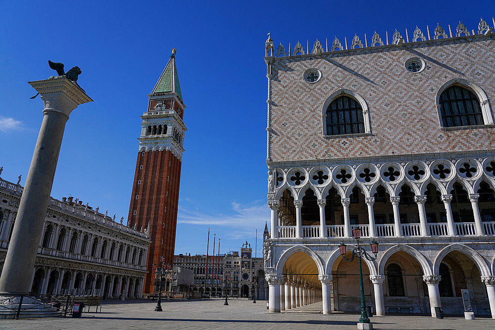 Doge's Palace and San Marco bell tower during Coronavirus lockdown, Venice, UNESCO World Heritage Site, Veneto, Italy, Europe