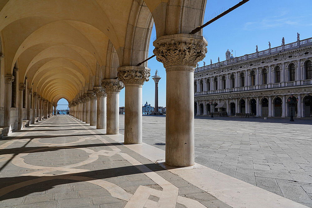 Doge's Palace arcades during Coronavirus lockdown, Venice, UNESCO World Heritage Site, Veneto, Italy, Europe