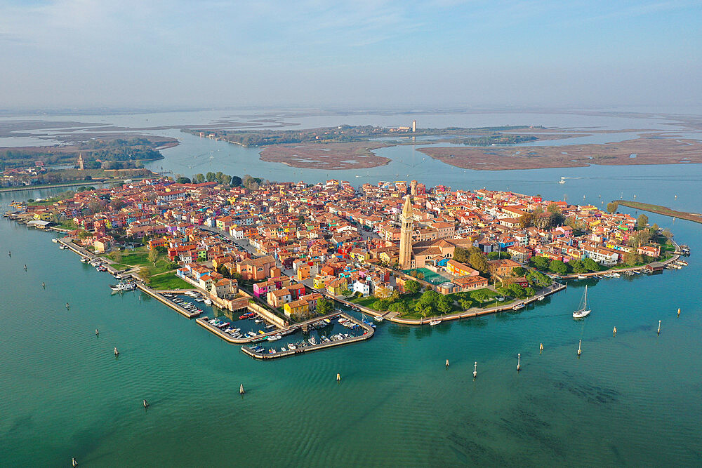 Aerial view of Burano Island with Torcello Island in the background, Venice Lagoon, UNESCO World Heritage Site, Veneto, Italy, Europe