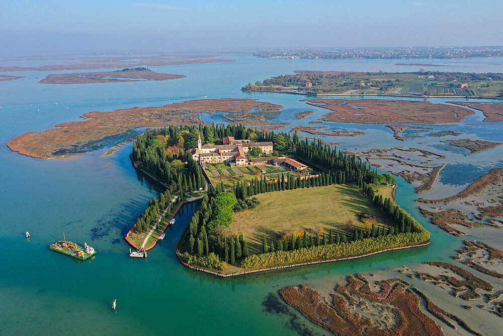 Aerial view of San Francesco del Deserto, Venice Lagoon, Veneto, Italy, Europe