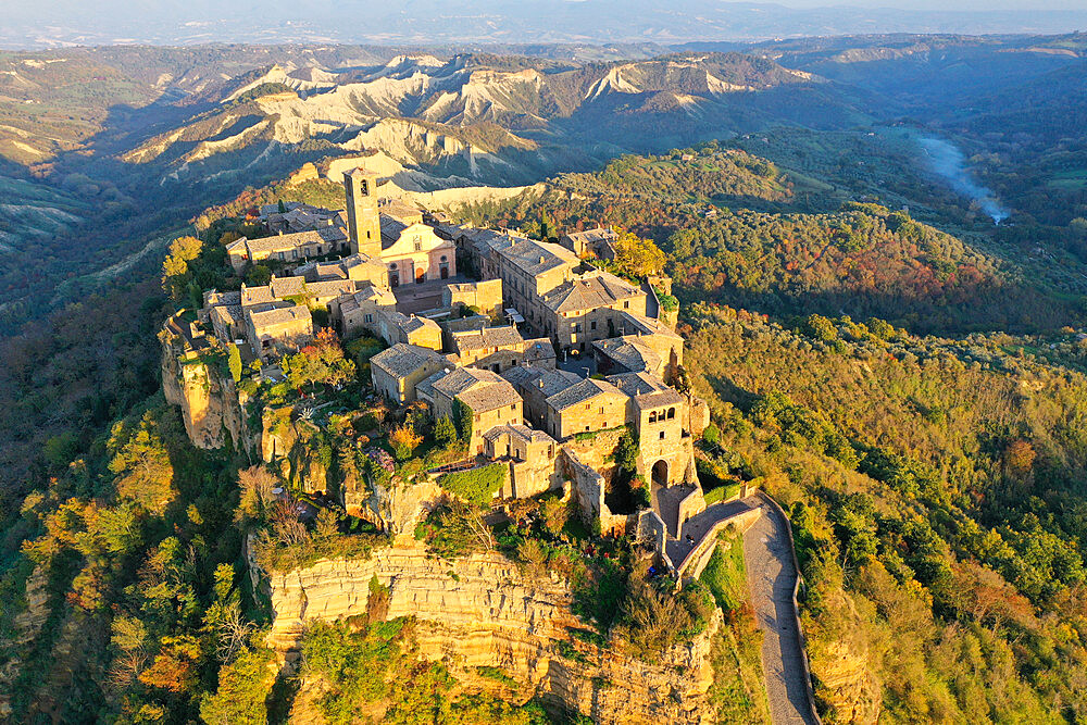 Aerial view by drone of Civita di Bagnoregio village, known as the dying city, Viterbo province, Lazio, Italy, Europe