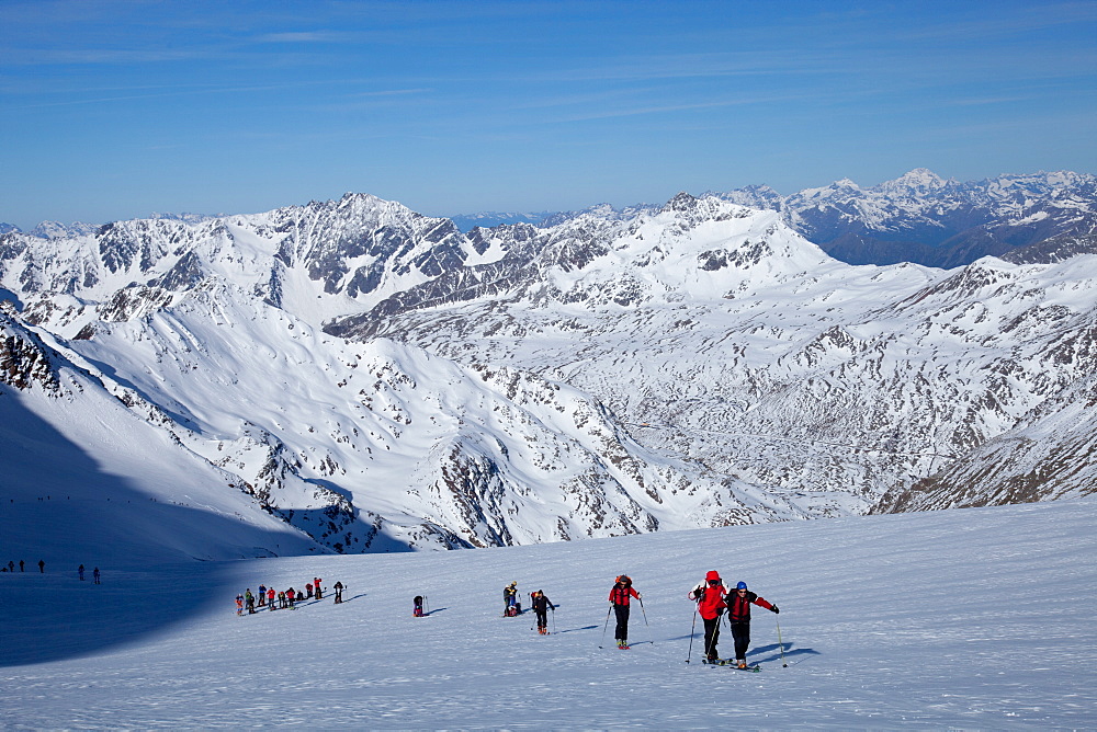 Ski touring in the Alps, ascent to Punta San Matteo, on the border of Lombardia and Trentino-Alto Adige, Italy, Europe