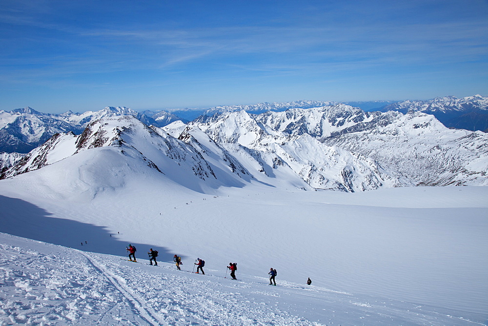 Ski touring in the Alps, ascent to Punta San Matteo, on the border of Lombardia and Trentino-Alto Adige, Italy, Europe