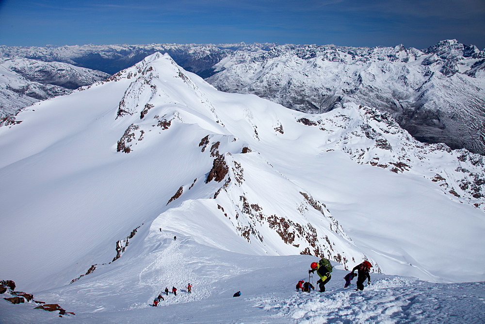 Ski touring in the Alps, ascent to Punta San Matteo, on the border of Lombardia and Trentino-Alto Adige, Italy, Europe