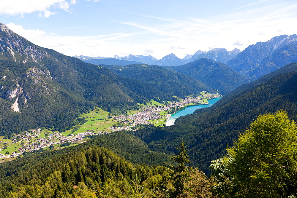 Auronzo village and lake in the Belluno Dolomites, Italy, Europe