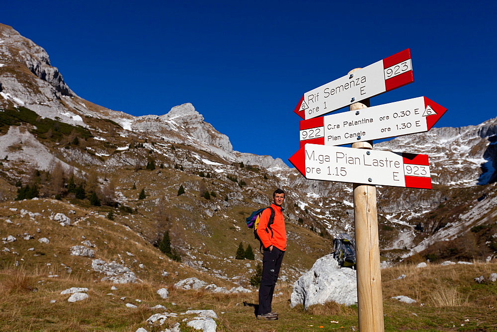 Signs along the track to Semenza refuge, Alpago, Belluno, Veneto, Italy, Europe