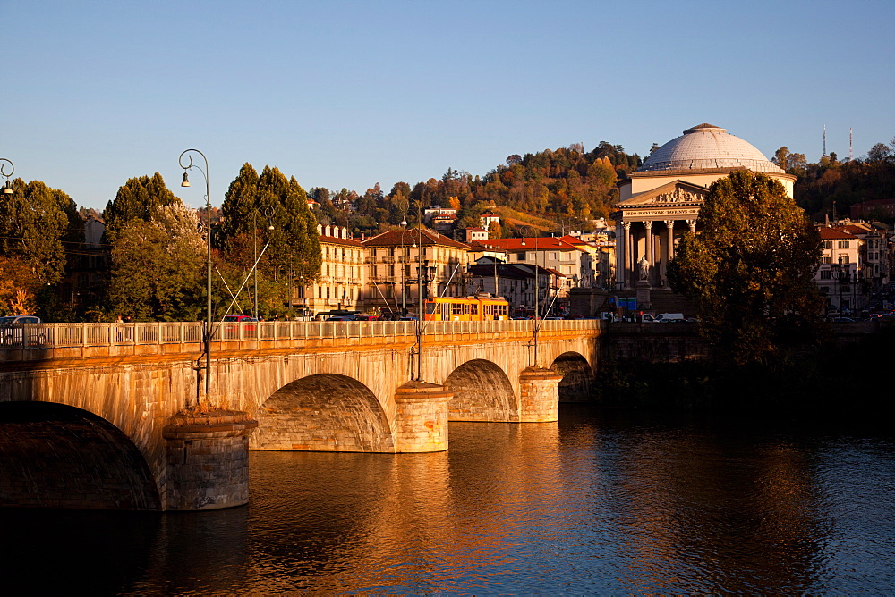 Po River, Vittorio Emanuele I bridge and Gran Madre di Dio church, Turin, Piedmont, Italy, Europe 