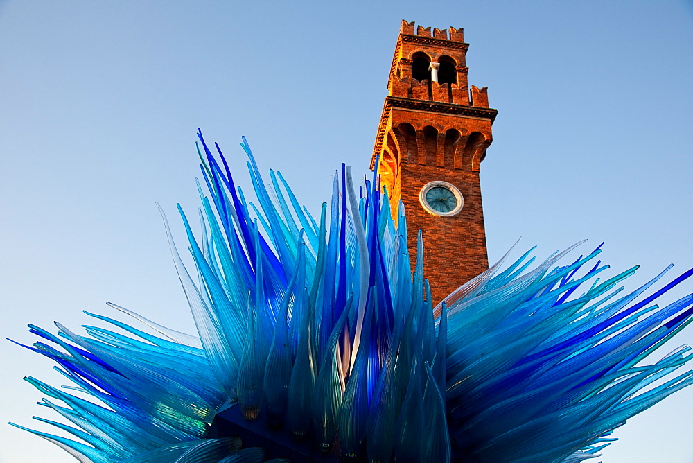 Santo Stefano bell tower and Christmas star by master glassmaker Simone Cenedese, Murano island, Venice, Veneto, Italy, Europe