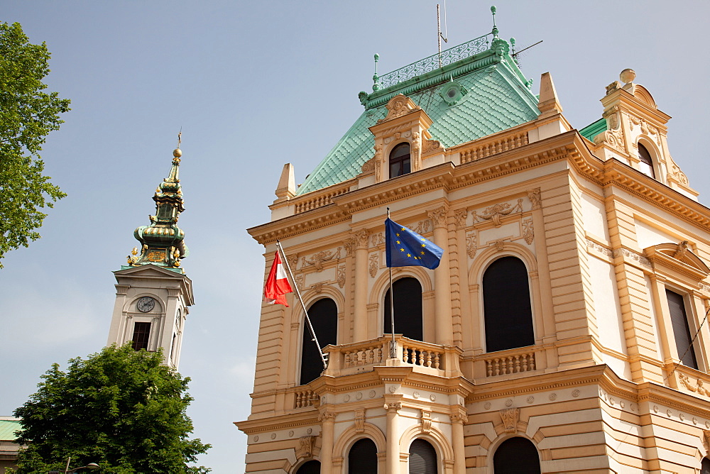 The Austrian Cultural Forum Belgrade and the Cathedral clock tower, Belgrade, Serbia, Europe