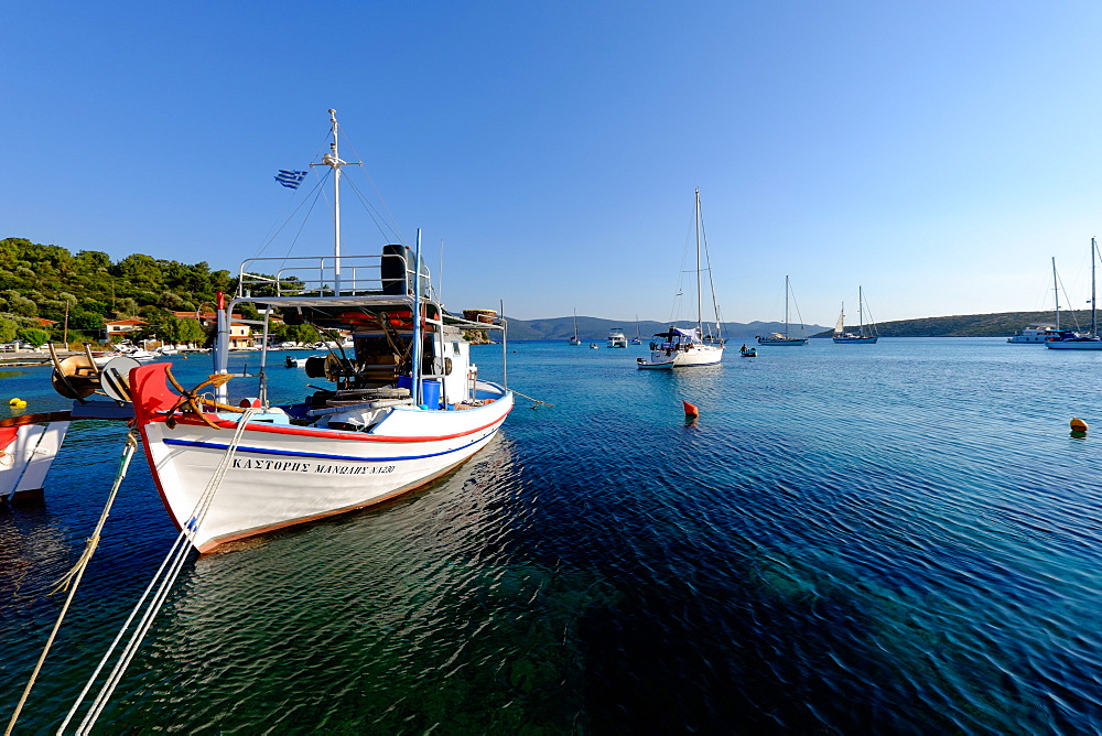 The small port and beach of Posidonio, Samos Island, North Aegean Islands, Greek Islands, Greece, Europe