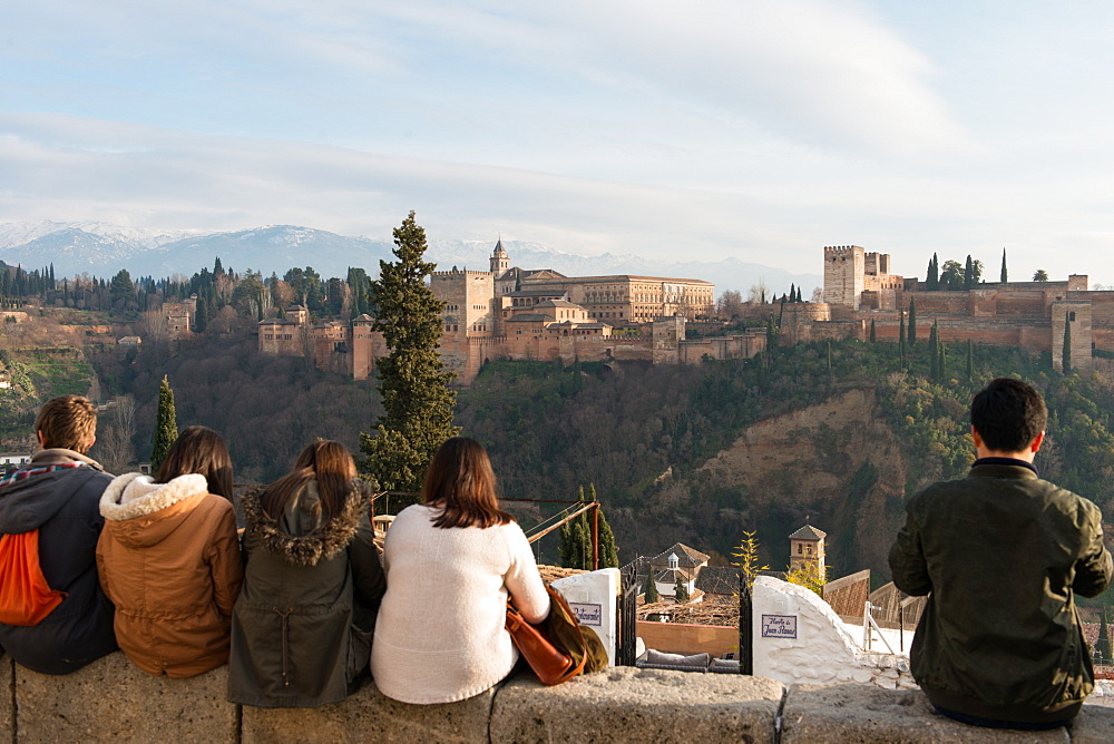 People watching the Alhambra at the sunset from San Nicolas viewpoint, Granada, Andalucia, Spain, Europe