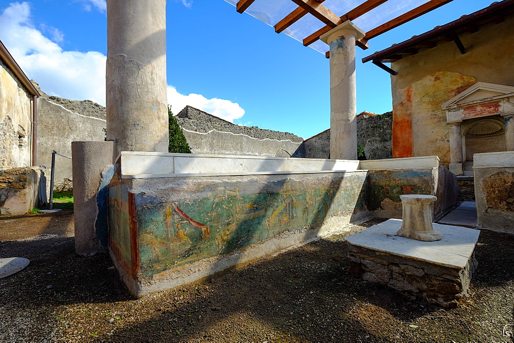 Summer triclinium in House of Ephebus, Pompeii, UNESCO World Heritage Site, the ancient Roman town near Naples, Campania, Italy, Europe