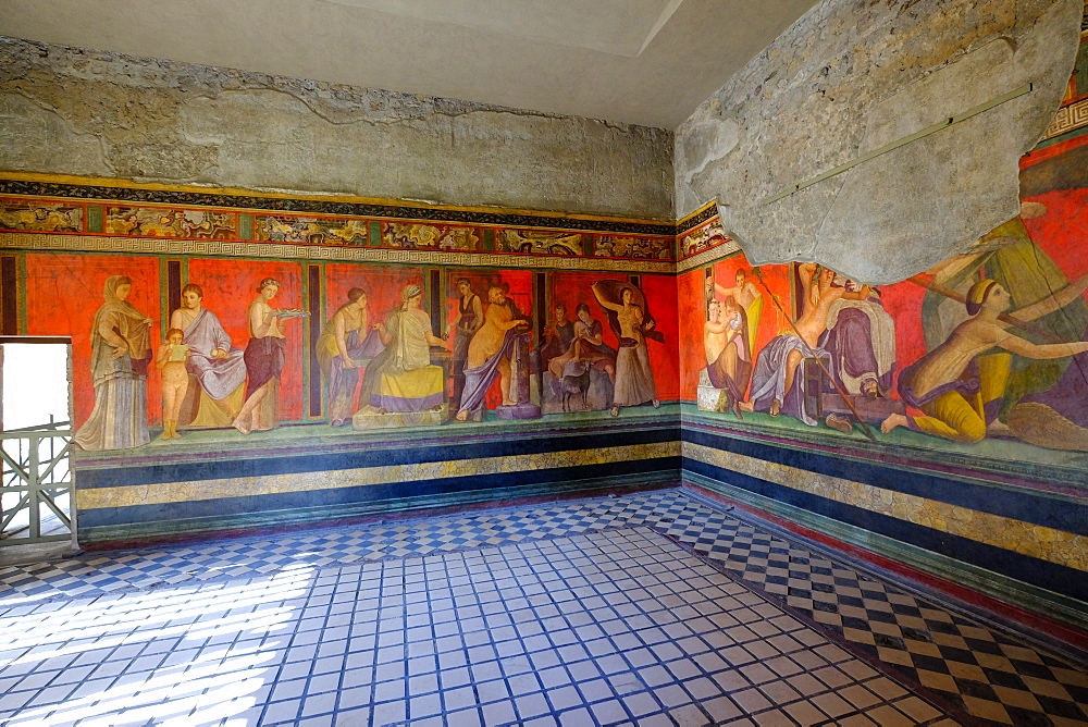 Roman frescoes at Villa of the Mysteries, Pompeii, UNESCO World Heritage Site, the ancient Roman town near Naples, Campania, Italy, Europe