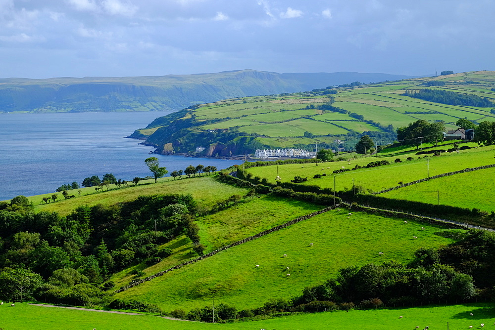 Pastures and fields and the little village of Cushendun, Antrim County, Ulster, Northern Ireland, United Kingdom, Europe