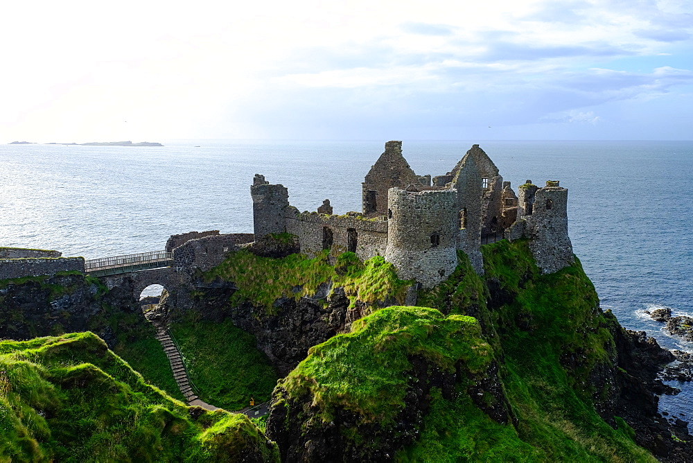 Dunluce Castle, located on the edge of a basalt outcropping in County Antrim, Ulster, Northern Ireland, United Kingdom, Europe