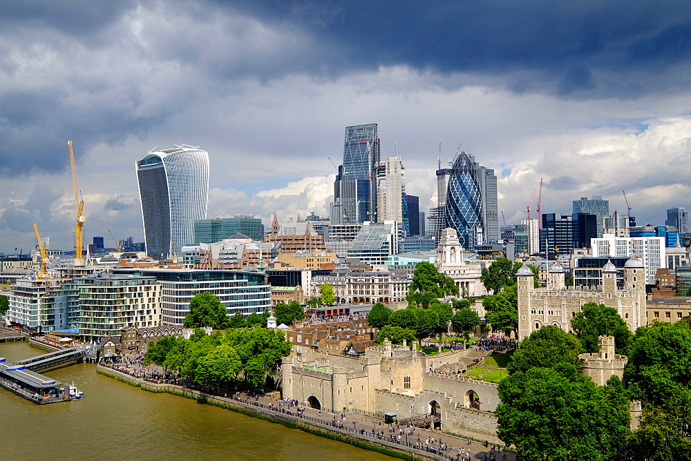 View of the Tower of London and City of London from Tower Bridge, London, England, United Kingdom, Europe