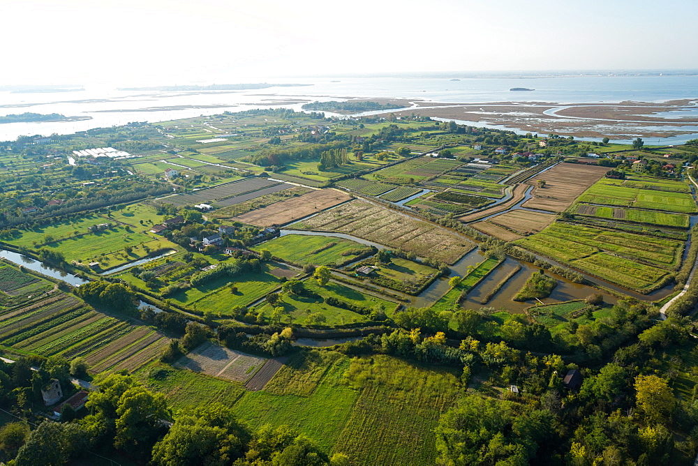 View of Sant'Erasmo island from the helicopter, Venice Lagoon, UNESCO World Heritage Site, Veneto, Italy, Europe