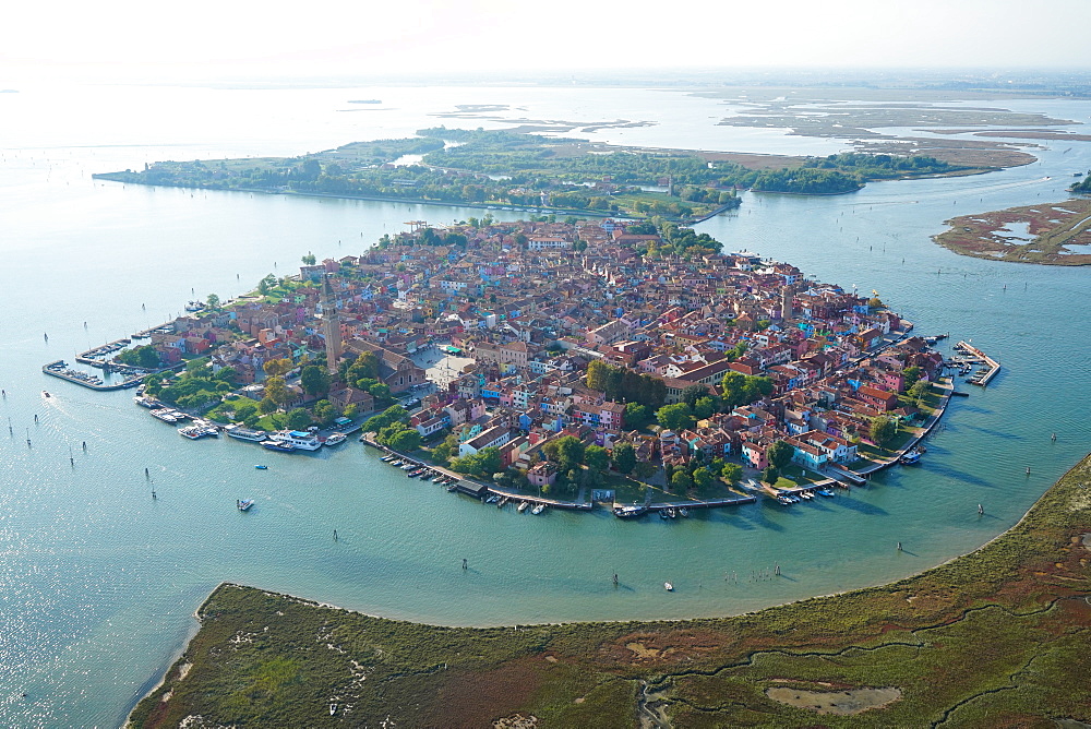 View of Burano island from the helicopter, Venice Lagoon, UNESCO World Heritage Site, Veneto, Italy, Europe