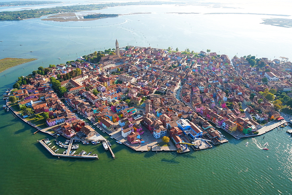 View of Burano island from the helicopter, Venice Lagoon, UNESCO World Heritage Site, Veneto, Italy, Europe