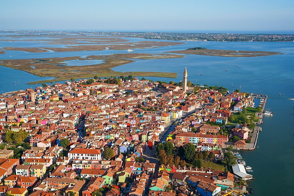 View of Burano island from the helicopter, Venice Lagoon, UNESCO World Heritage Site, Veneto, Italy, Europe