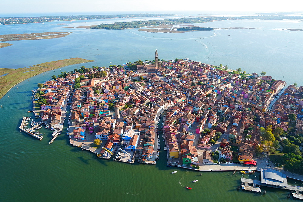 View of Burano island from the helicopter, Venice Lagoon, UNESCO World Heritage Site, Veneto, Italy, Europe