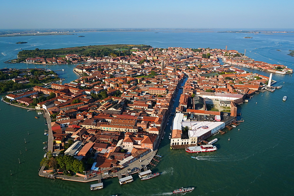 View of Murano island from the helicopter, Venice Lagoon, UNESCO World Heritage Site, Veneto, Italy, Europe