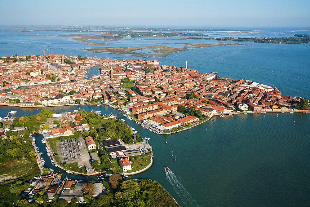 View of Murano island from the helicopter, Venice Lagoon, UNESCO World Heritage Site, Veneto, Italy, Europe