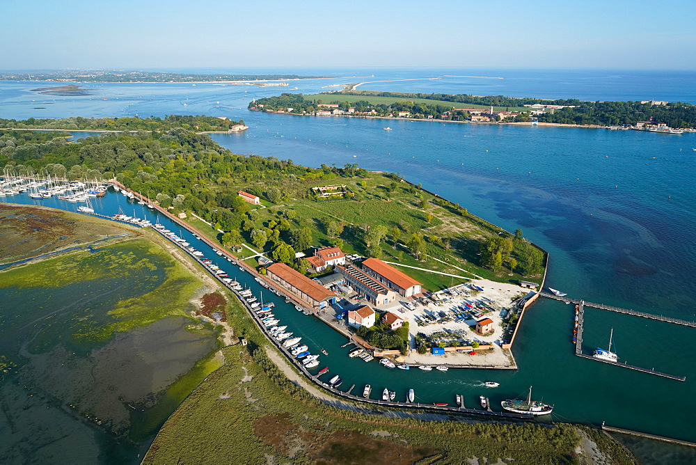 View of Venice from the helicopter, Venice Lagoon, UNESCO World Heritage Site, Veneto, Italy, Europe