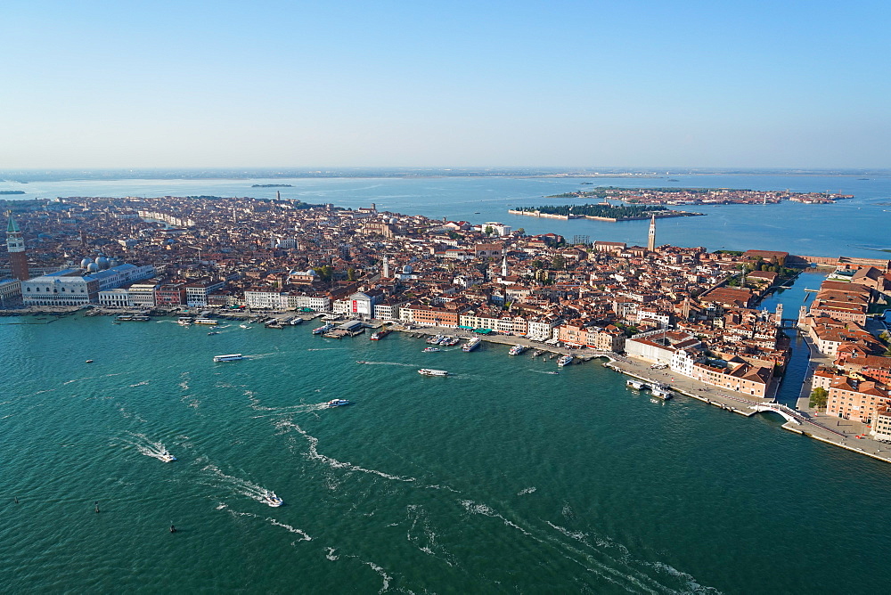 View of Venice from the helicopter, Venice Lagoon, UNESCO World Heritage Site, Veneto, Italy, Europe