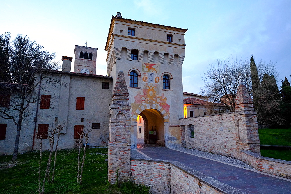 The entrance tower of Abbey of Santa Maria in Sylvis, Sesto al Reghena, Pordenone, Friuli Venezia Giulia, Italy, Europe