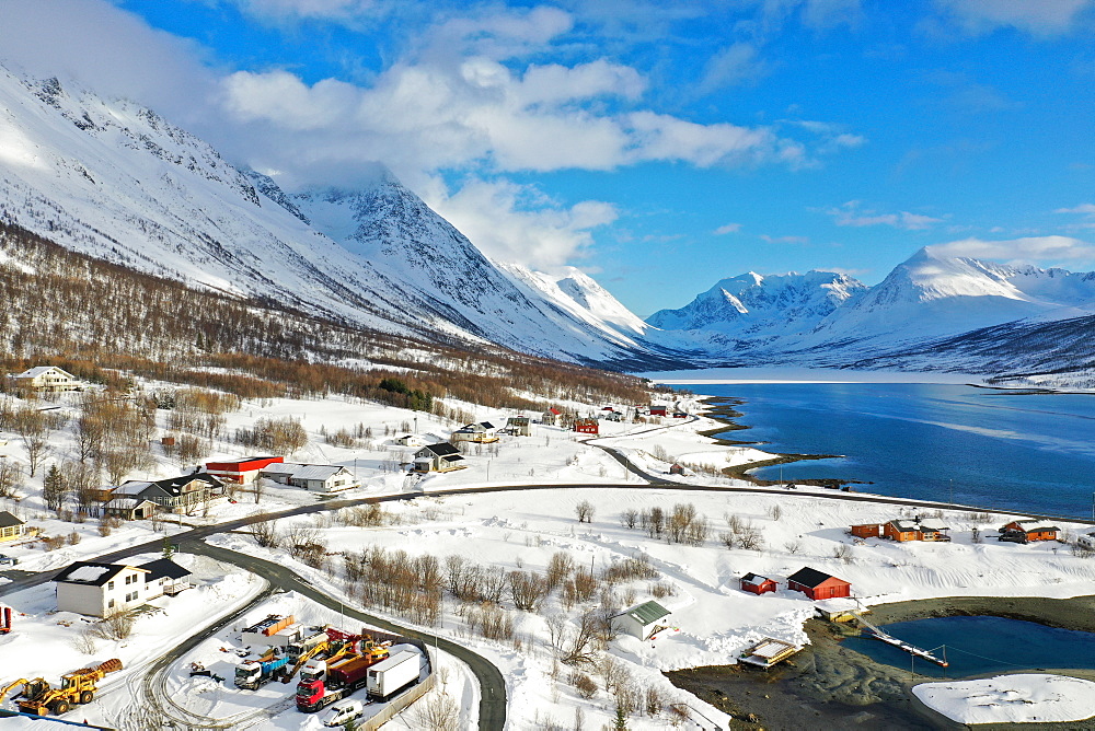 Drone view of Nordlenangen, Lyngen peninsula, Troms County, Norway, Scandinavia, Europe