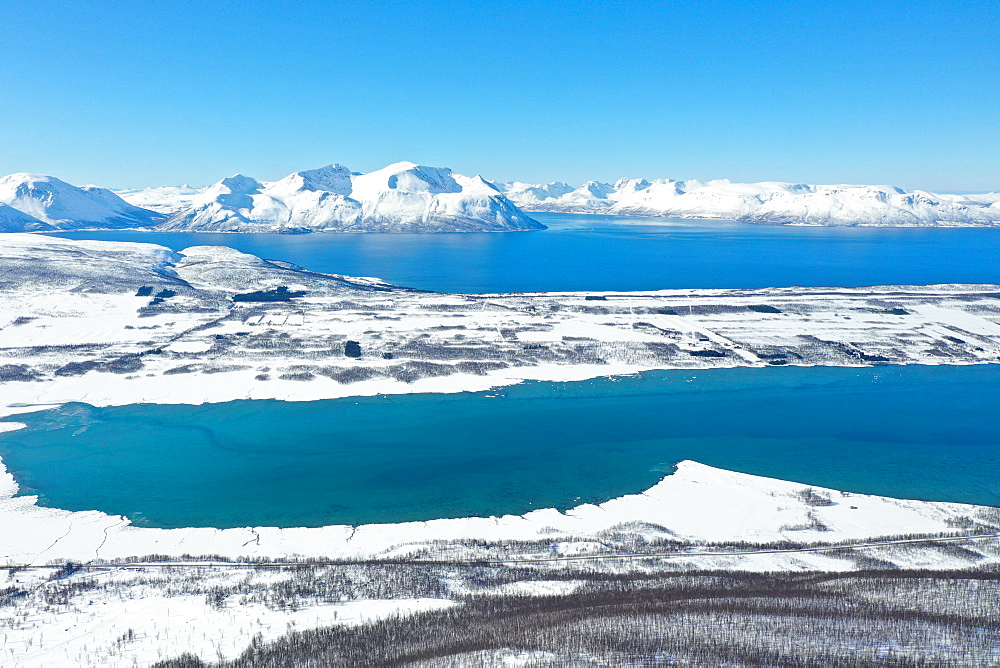 Drone view of Nordlenangen, Lyngen peninsula, Troms County, Norway, Scandinavia, Europe