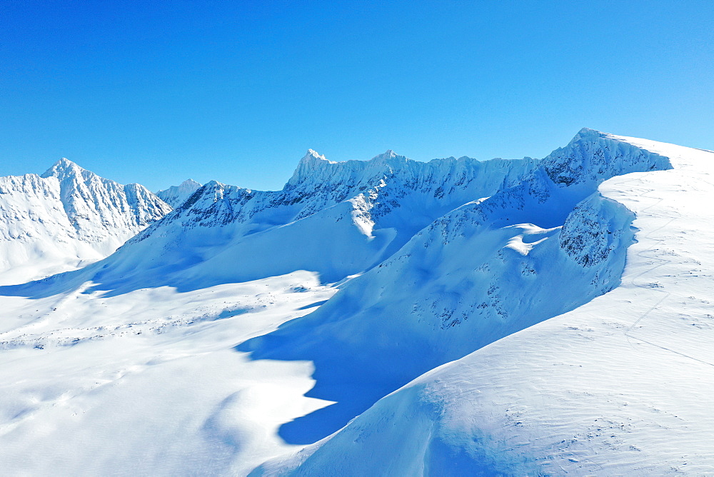 Drone view of Lyngen Alps, Nordlenangen, Lyngen peninsula, Troms County, Norway, Scandinavia, Europe