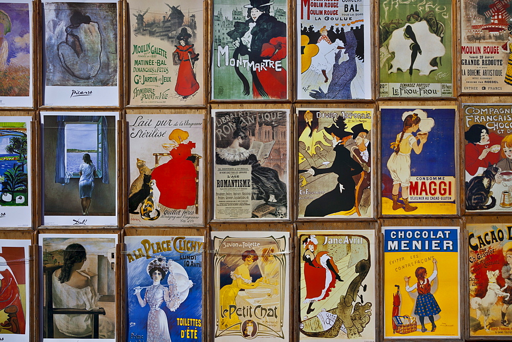 Fin-de-Siecle posters by Toulouse-Lautrec and other artists, Place du Tertre, Montmartre, Paris, France, Europe