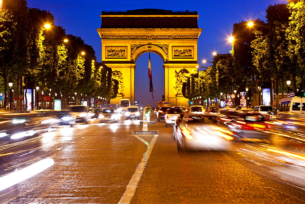 Arc de Triomphe and Champs-Elysees at night, Paris, France, Europe