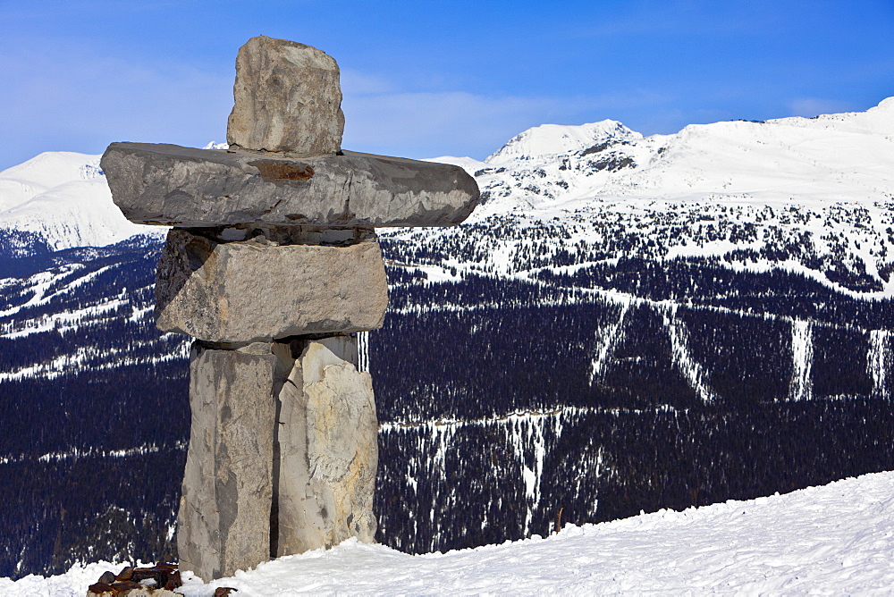 Inukshuk, symbol of friendship and welcome and the 2010 Winter Olympic Games, Whistler Mountain, Whistler Blackcomb Ski Resort, Whistler, British Columbia, Canada, North America