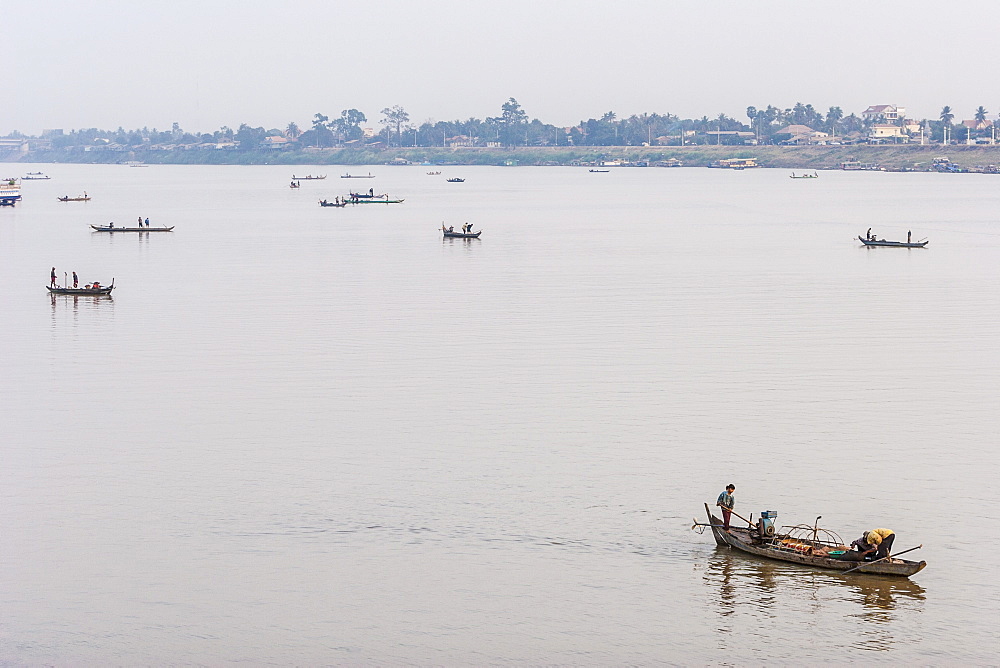 Fishermen at sunrise, Tonle Sap River, Phnom Penh, Cambodia, Indochina, Southeast Asia, Asia