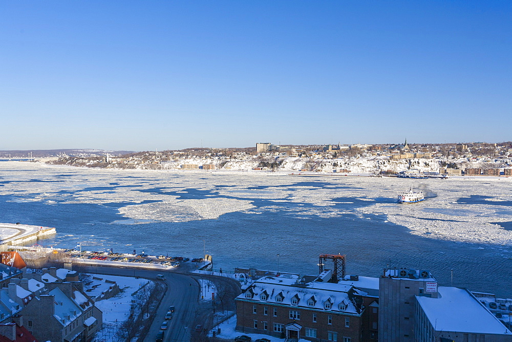 Ferry crossing the St. Lawrence River in winter, Quebec City, Quebec, Canada, North America