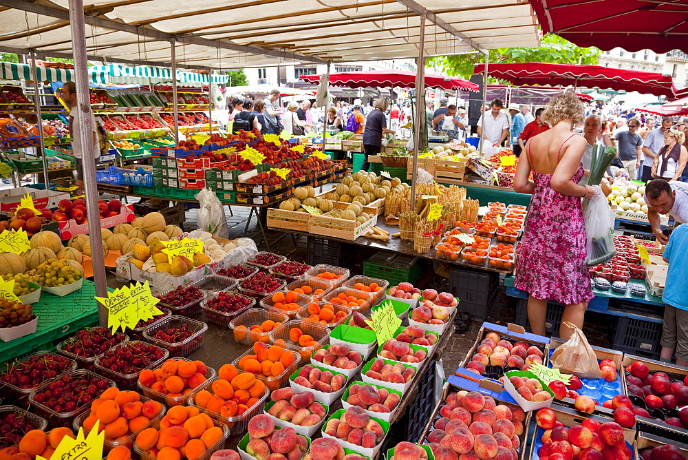 People shopping at street market, rue Mouffetard, Paris, France, Europe