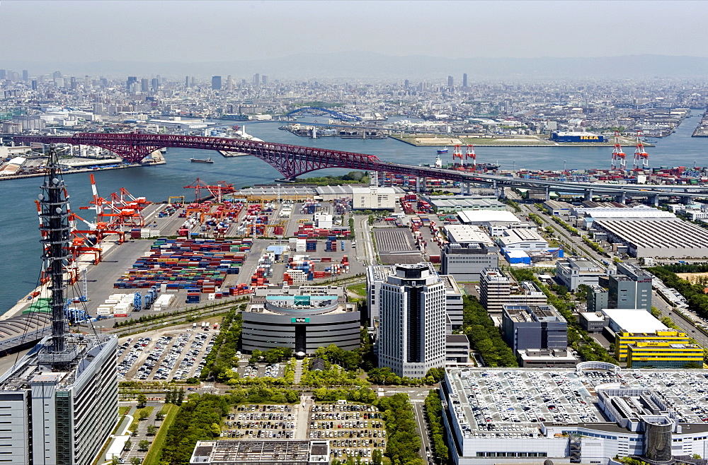 View from atop the World Trade Center of Osaka port built on reclaimed land in Osaka Bay, Osaka, Japan