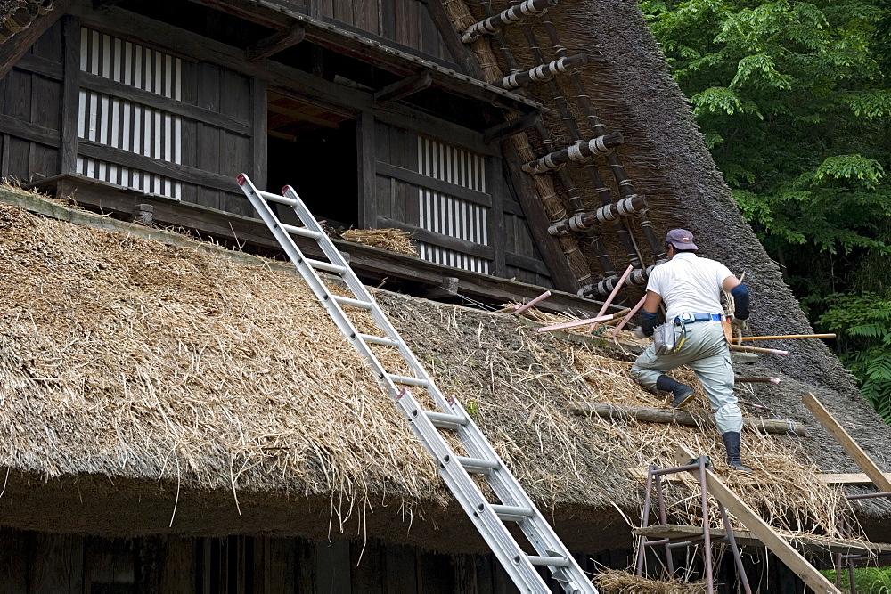 Village residence roof thatching at Nihon Minkaen (Open-air Folk House Museum) in Kawasaki, Japan, Asia