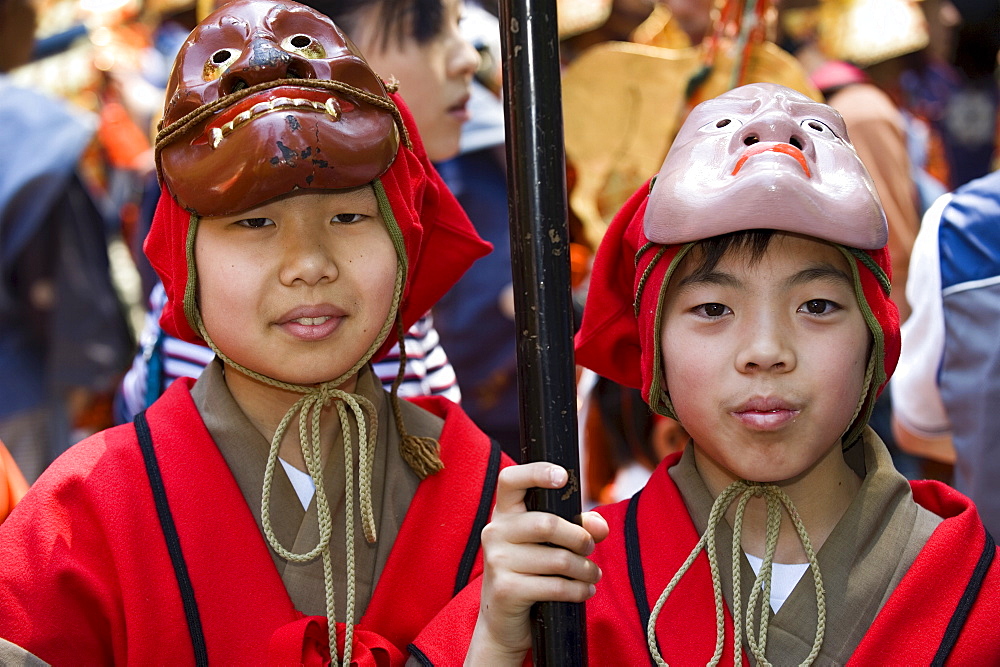 Boys wearing costume while participating in the Shunki Reitaisai festival in Nikko, Tochigi, Japan, Asia