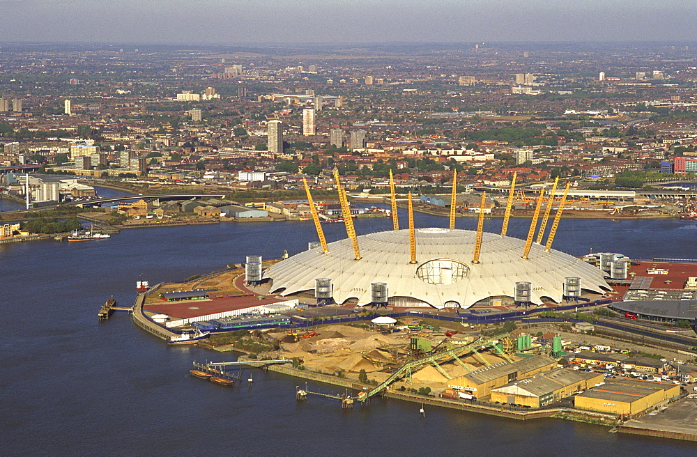 Aerial image of the Millennium Dome and the River Thames, Greenwich Peninsula, South East London, London, England, United Kingdom, Europe