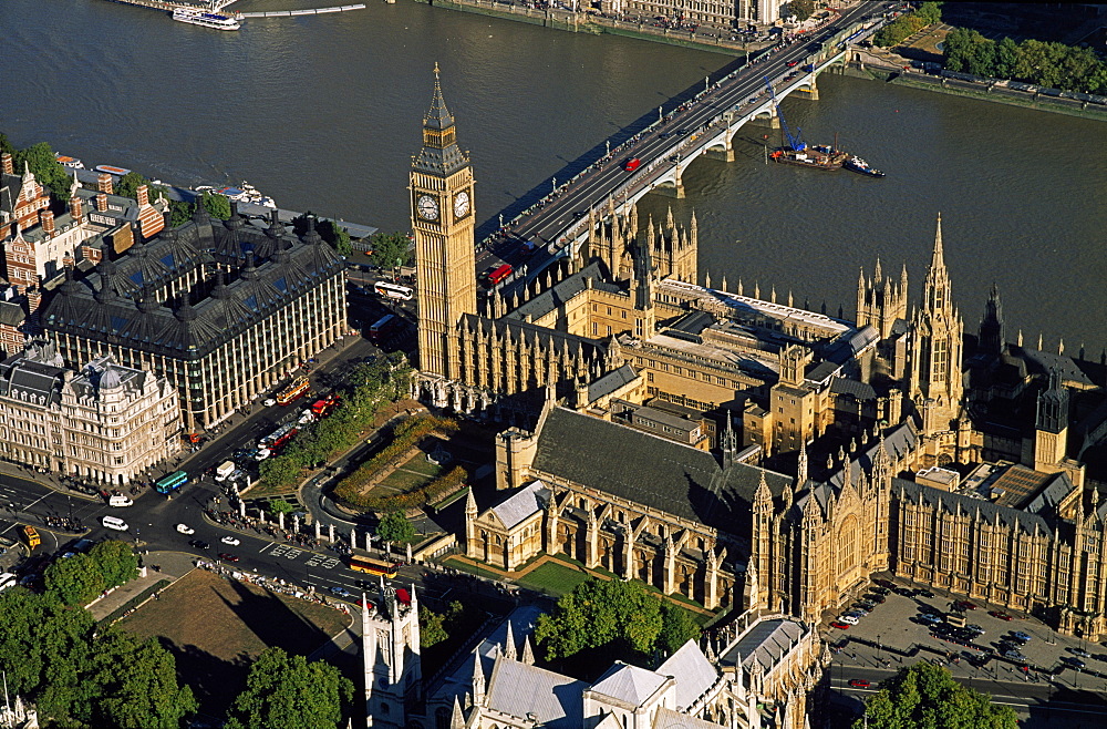 Aerial image of the Houses of Parliament (Palace of Westminster) and Big Ben, UNESCO World Heritage Site, Westminster, London, England, United Kingdom, Europe