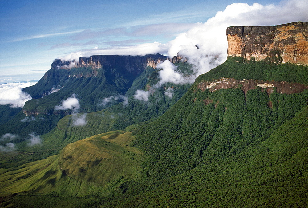 Aerial image of tepuis showing Mount Auyantepui (Auyantepuy) (Devil's Mountain), Venezuela, South America